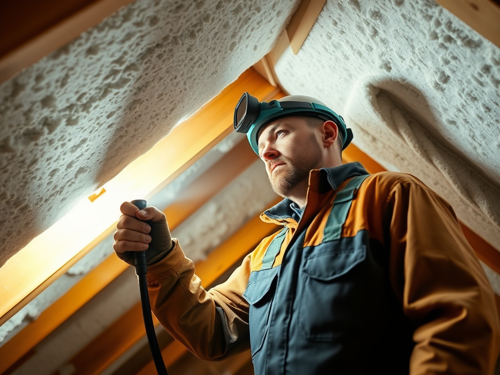 Technician inspecting spray polyurethane foam in an attic for signs of an off-ratio installation defect